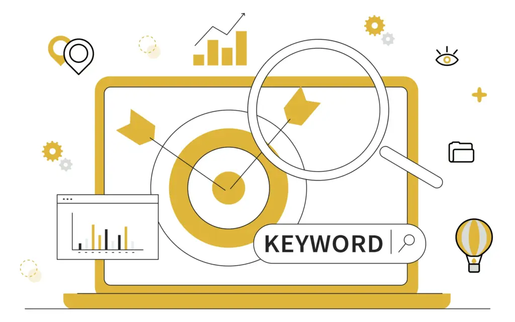 SEO keyword research illustration with laptop, target, charts, and magnifying glass analyzing search data