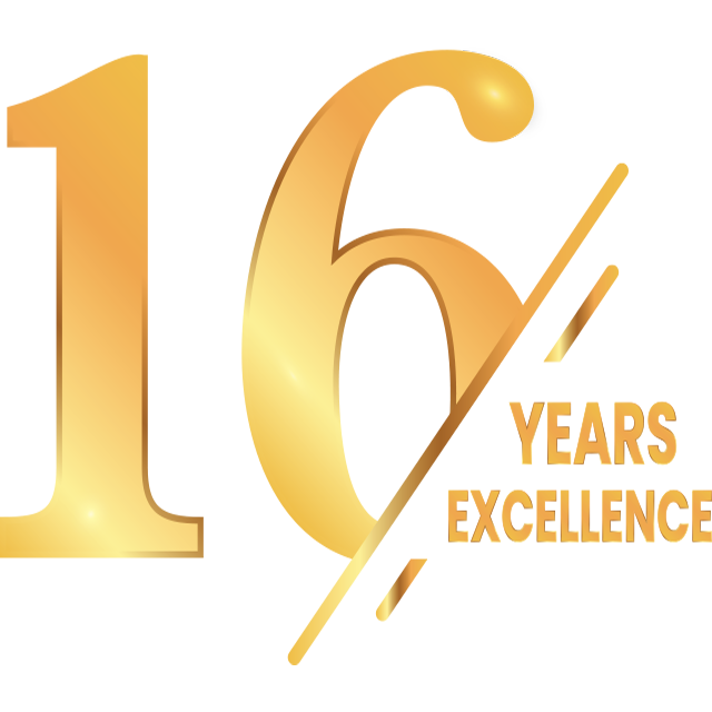Golden "16 Years of Excellence" badge celebrating a business anniversary milestone.