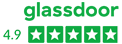 Glassdoor rating 4.9 out of 5 stars with green stars and logo displayed.