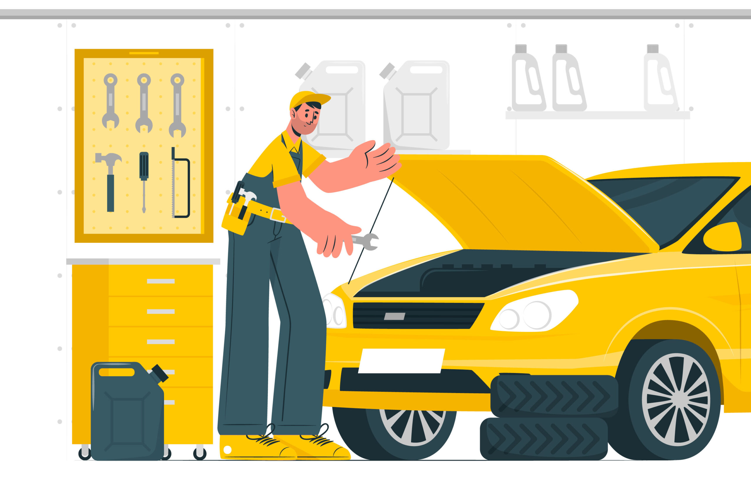 A mechanic in a yellow shirt and overalls inspecting the engine of a yellow car in a garage.