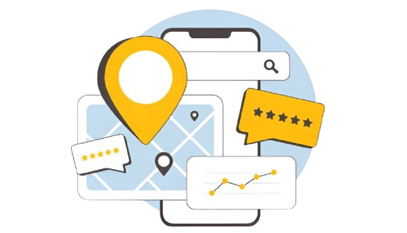 Map pin, smartphone, reviews, and graph icons showing local SEO, search, and customer feedback.