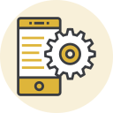 A smartphone displaying text and a large gear icon, representing mobile app settings or development.