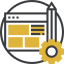 An icon showing a web browser window with content blocks, a pencil, and a gear, indicating design.