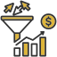 A sales funnel with arrows, a dollar coin, and a rising bar graph, symbolizing sales and revenue growth.