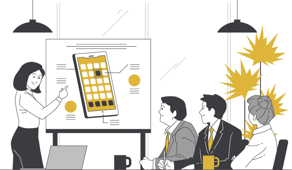 A woman presents a mobile app on a whiteboard to three seated colleagues in a meeting room.