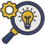 A magnifying glass with a lightbulb inside and a gear, symbolizing searching for ideas or innovation.