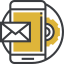 A smartphone next to an envelope and a CD/DVD icon, representing mobile communication and media.