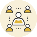 A central person icon connected by dashed lines to four surrounding person icons, indicating a network or team.