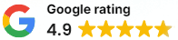 Google rating 4.9 out of 5 stars with five yellow stars shown next to the Google logo.