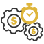 Two gears with dollar signs and a stopwatch, representing efficient time and cost management.