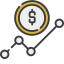A line graph with data points showing an upward trend, topped by a coin with a dollar sign.