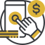 A hand touching a smartphone screen, with a dollar coin icon and lines representing data or payment.