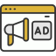A web browser window displays a megaphone and an "AD" block, representing online advertisements.