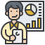 A smiling man holding a clipboard, standing in front of a chart with pie and bar graphs.