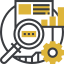 An icon representing data analysis with a magnifying glass, documents, bar chart, and a gear.