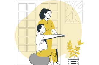 Therapist guides seated man during home physical therapy session near plant and soft background decor.