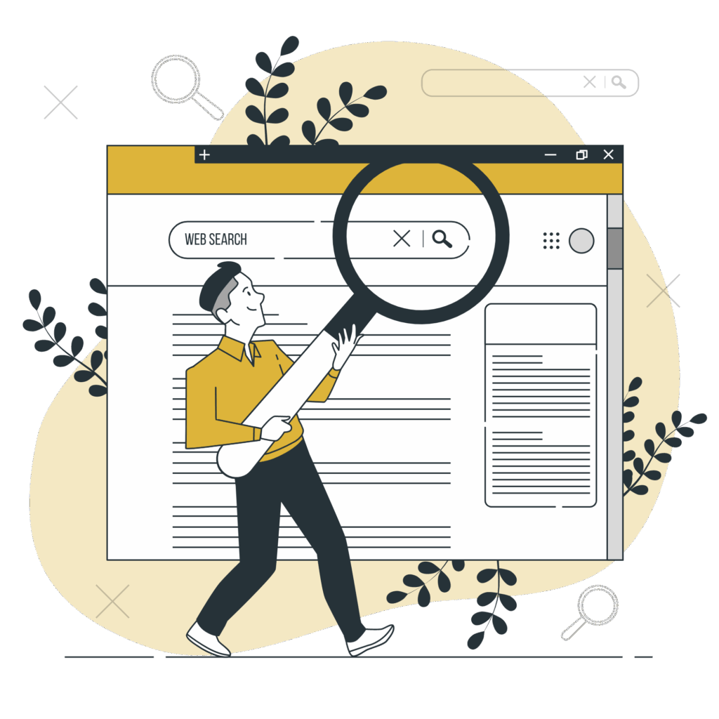 Man holding a large magnifying glass in front of a web search page with plants in the background.