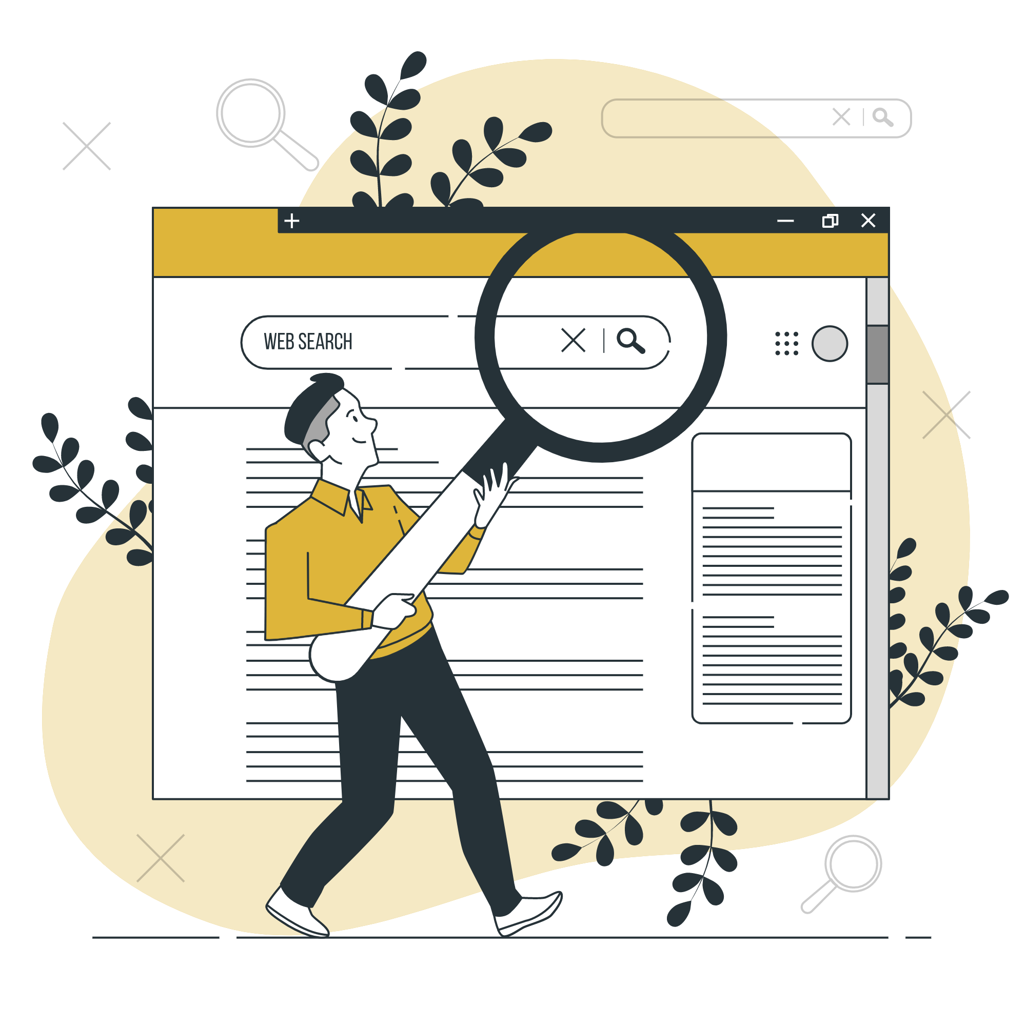 Man holding a large magnifying glass in front of a web search page with plants in the background.