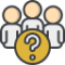 Three person icons with a large question mark overlaid, suggesting questions from a group or audience.