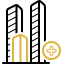 Stylized buildings with a medical cross symbol, epresenting a hospital or healthcare facility.