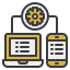 An icon showing a laptop and a smartphone connected by lines to a central gear, representing synchronization.
