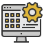 A computer monitor displays a website layout with a gear icon, indicating website settings or development.