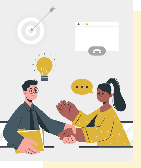 Two people shaking hands at a desk, with icons of a target, lightbulb, and chat above them.