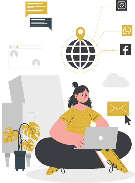 A person working on a laptop with a globe, social media, email, and chat icons surrounding them.