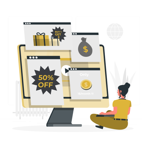 A person sits at a monitor displaying various online advertisements like "50% OFF", "BUY 1 GET 2", and money bags.