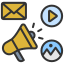 A megaphone, email envelope, play button, and image icon, representing multi-channel marketing.