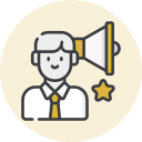 Icon of a support representative with a headset, speaker, and star badge indicating expert service.