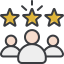 Three people icons with three shining gold stars above them, representing excellent rating or review.
