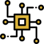 Yellow microchip with connected circuit lines symbolizing digital technology, AI, or data processing.