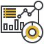 An icon featuring a dashboard with a bar chart, line graph, list, and a circular data visualization.