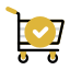 Shopping cart icon with a yellow check mark, symbolizing a successful online purchase or checkout.