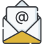 An open envelope with a letter inside displaying an "@" symbol, representing email or contact.