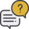 A chat bubble with text lines beside a yellow speech bubble containing a question mark.