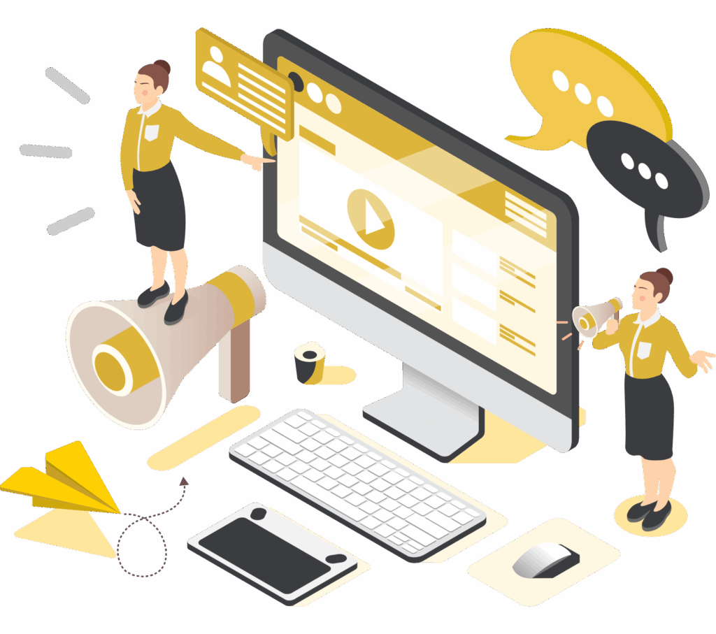 Women marketing digitally with a computer, megaphone, and speech bubbles.