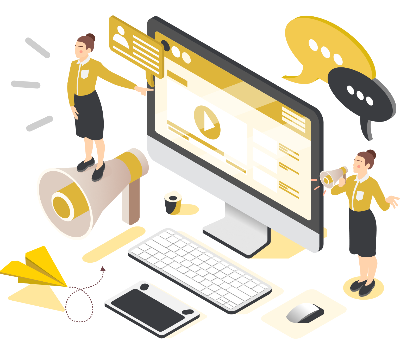 Women marketing digitally with a computer, megaphone, and speech bubbles.