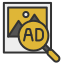 An image icon with a magnifying glass overlay, showing "AD" inside, representing ad content.