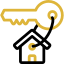 Outline of a house with a large key above, symbolizing home ownership or real estate.