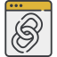 An icon of a web browser window displaying two interlocked chain links, representing a hyperlink.