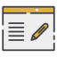A web browser window displaying lines of text and a pen icon, symbolizing content creation.
