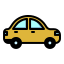 Simple yellow car illustration with black outline, two windows, and black wheels on a checkered background.