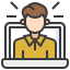 An icon of a person's upper body appearing on a laptop screen, with lines indicating communication.