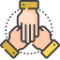 Three hands stacked together, symbolizing unity, teamwork, and support.