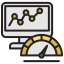 A computer monitor displays a graph, with a speed dial or gauge underneath, signifying performance analytics.