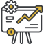 A presentation board showing a rising line graph, a gear, and an information icon, signifying growth.