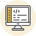 A computer monitor displaying code with an angle bracket and slash icon, on a light yellow circle.