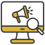 A computer monitor with a megaphone and a magnifying glass, symbolizing online marketing and search.